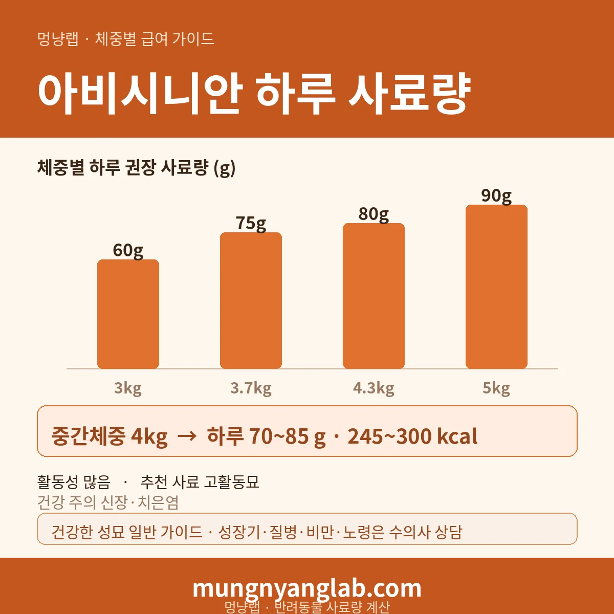 아비시니안 체중별 하루 사료량 차트 — 표준 3~5kg 기준 하루 약 70~85g, 245~300kcal (건강한 성묘 기준)