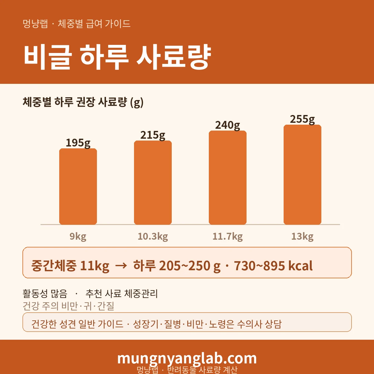 비글 체중별 하루 사료량 차트 — 표준 9~13kg 기준 하루 약 205~250g, 730~895kcal (건강한 성견 기준)