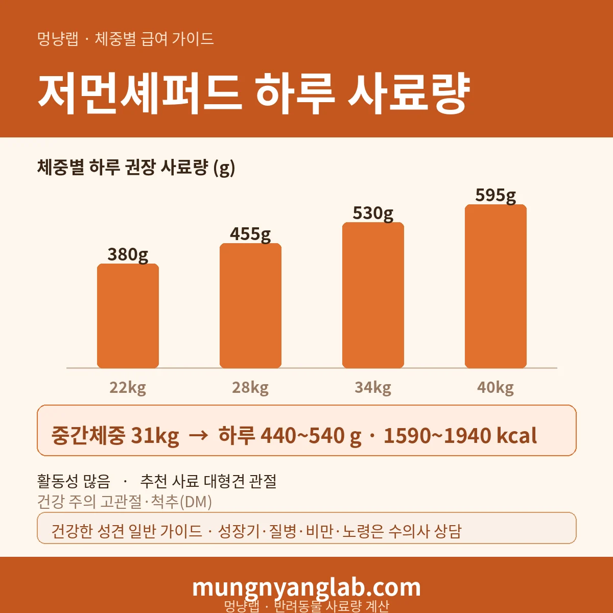 저먼셰퍼드 체중별 하루 사료량 차트 — 표준 22~40kg 기준 하루 약 440~540g, 1590~1940kcal (건강한 성견 기준)