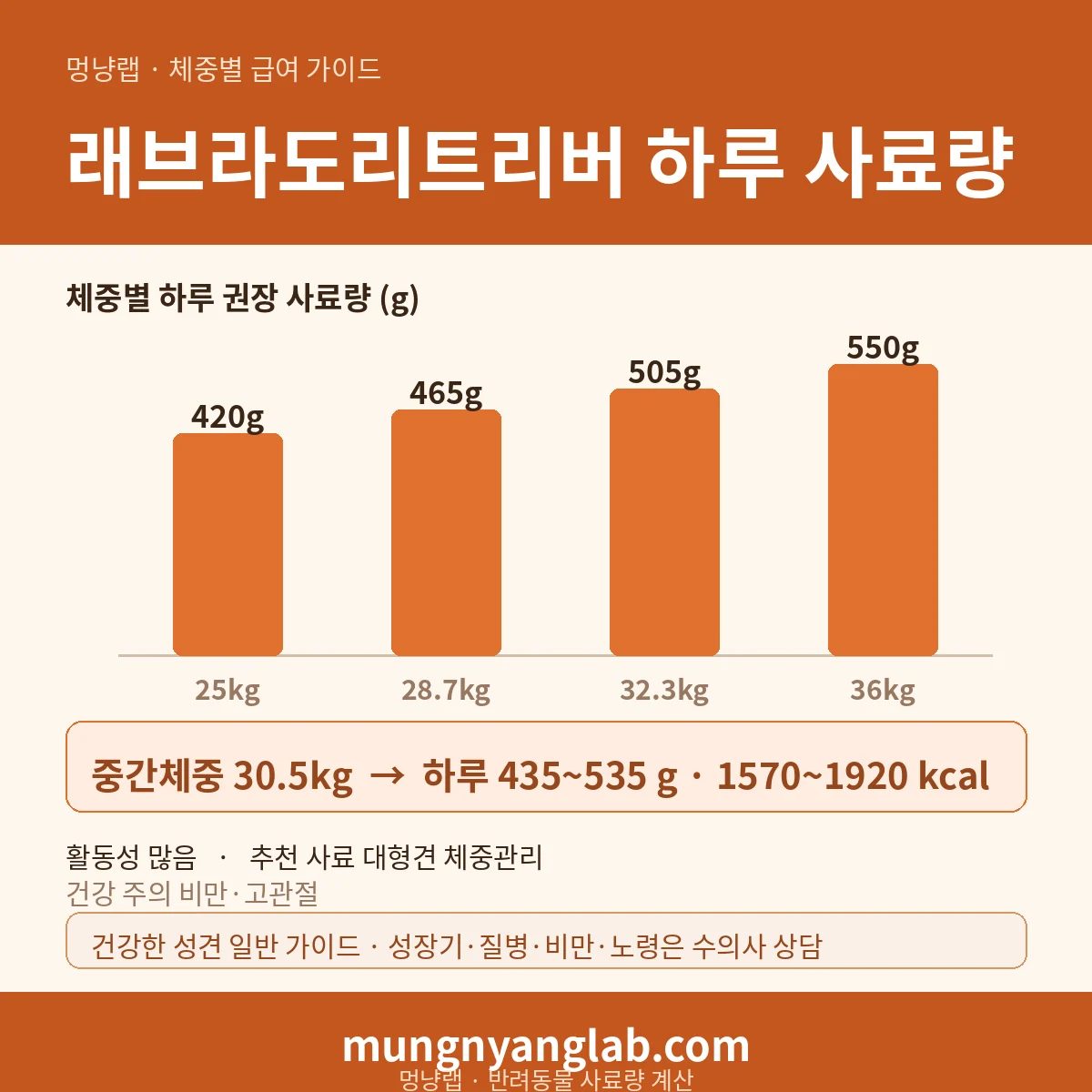 래브라도리트리버 체중별 하루 사료량 차트 — 표준 25~36kg 기준 하루 약 435~535g, 1570~1920kcal (건강한 성견 기준)