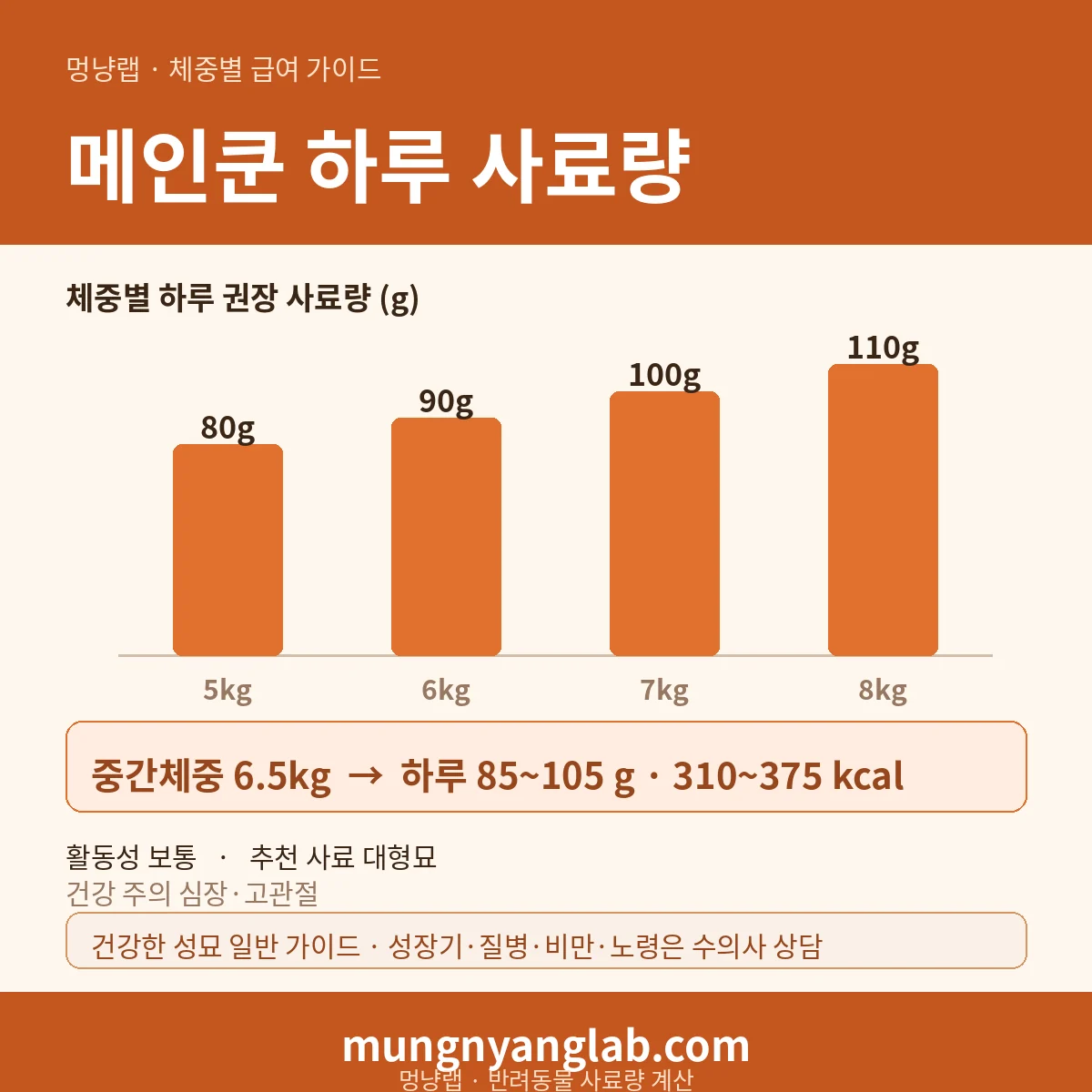 메인쿤 체중별 하루 사료량 차트 — 표준 5~8kg 기준 하루 약 85~105g, 310~375kcal (건강한 성묘 기준)