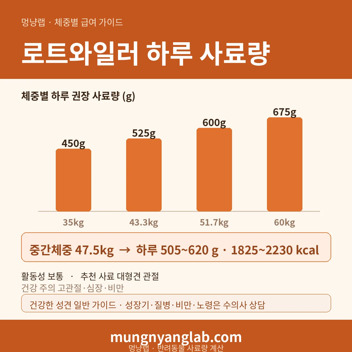 로트와일러 체중별 하루 사료량 차트 — 표준 35~60kg 기준 하루 약 505~620g, 1825~2230kcal (건강한 성견 기준)