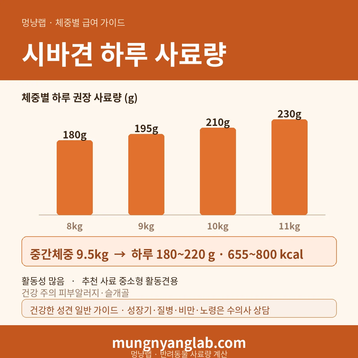 시바견 체중별 하루 사료량 차트 — 표준 8~11kg 기준 하루 약 180~220g, 655~800kcal (건강한 성견 기준)