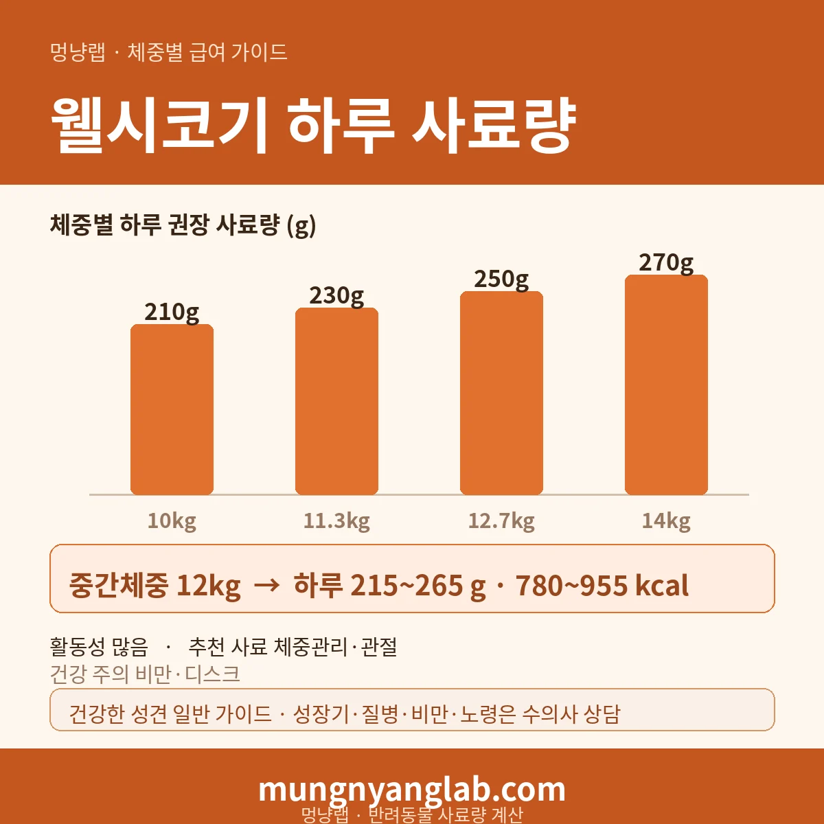 웰시코기 체중별 하루 사료량 차트 — 표준 10~14kg 기준 하루 약 215~265g, 780~955kcal (건강한 성견 기준)